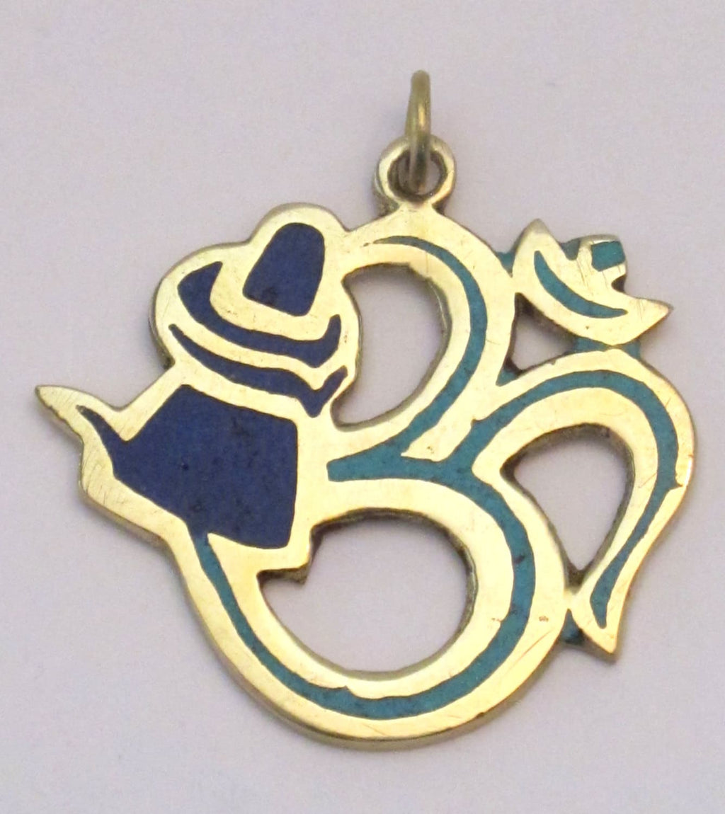 Hindu Lord Shiva lingam with coiled snake Om brass pendant with lapis and turquoise inlay- PM185C