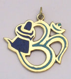 Hindu Lord Shiva lingam with coiled snake Om brass pendant with lapis and turquoise inlay- PM185C