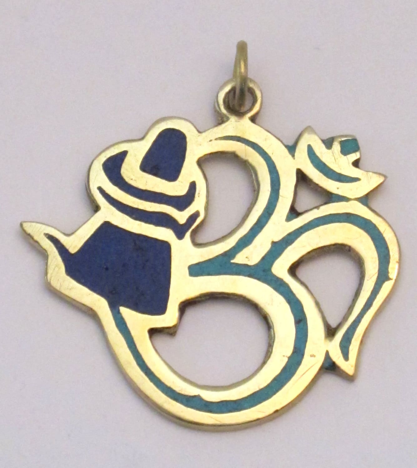 Hindu Lord Shiva lingam with coiled snake Om brass pendant with lapis and turquoise inlay- PM185C