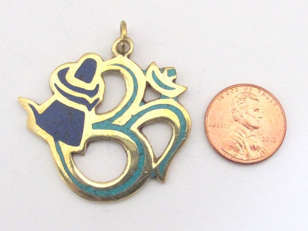 Hindu Lord Shiva lingam with coiled snake Om brass pendant with lapis and turquoise inlay- PM185C