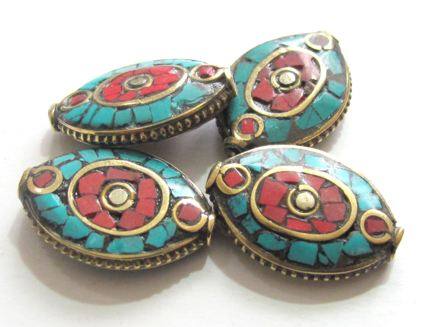 2 beads - Bicone brass beads with turquoise coral mosaic inlay chakra design - BD487A
