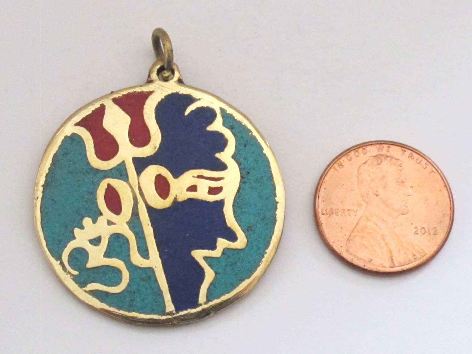 Hindu Lord Shiva symbol trident om brass pendant with lapis , turquoise and coral inlay - PM185B