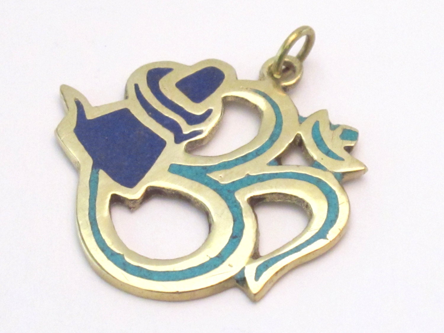 Hindu Lord Shiva lingam with coiled snake Om brass pendant with lapis and turquoise inlay- PM185C