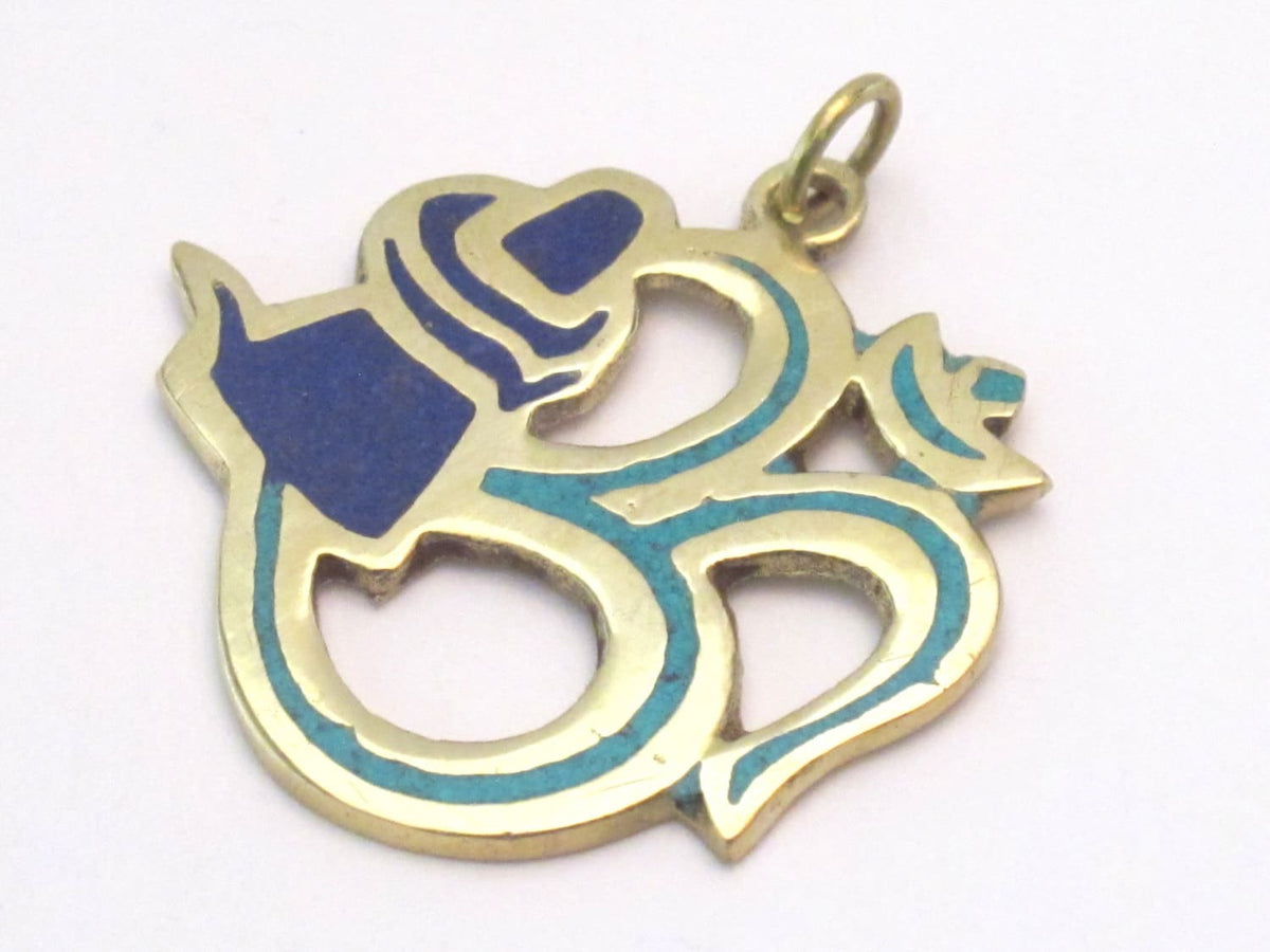 Hindu Lord Shiva lingam with coiled snake Om brass pendant with lapis and turquoise inlay- PM185C