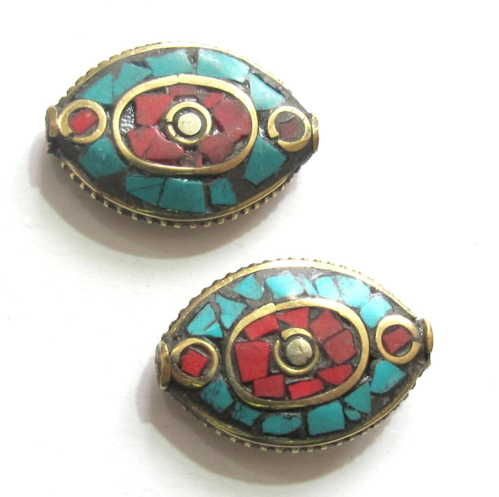 2 beads - Bicone brass beads with turquoise coral mosaic inlay chakra design - BD487A