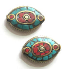 2 beads - Bicone brass beads with turquoise coral mosaic inlay chakra design - BD487A