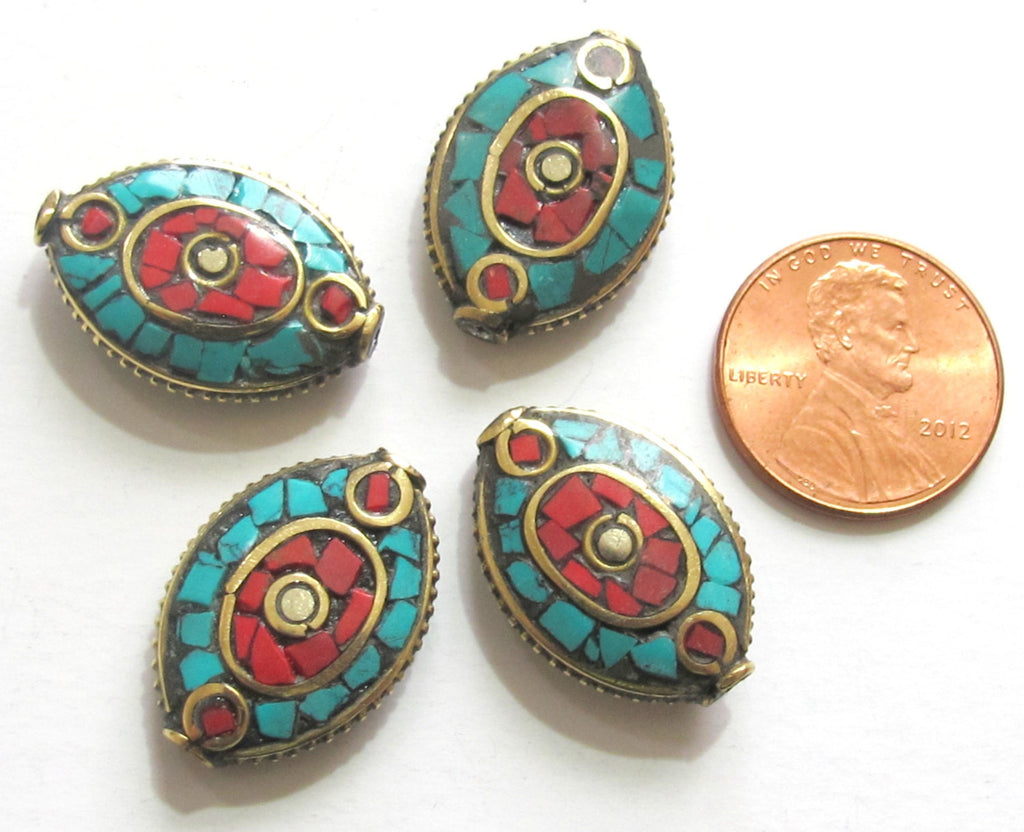 2 beads - Bicone brass beads with turquoise coral mosaic inlay chakra design - BD487A