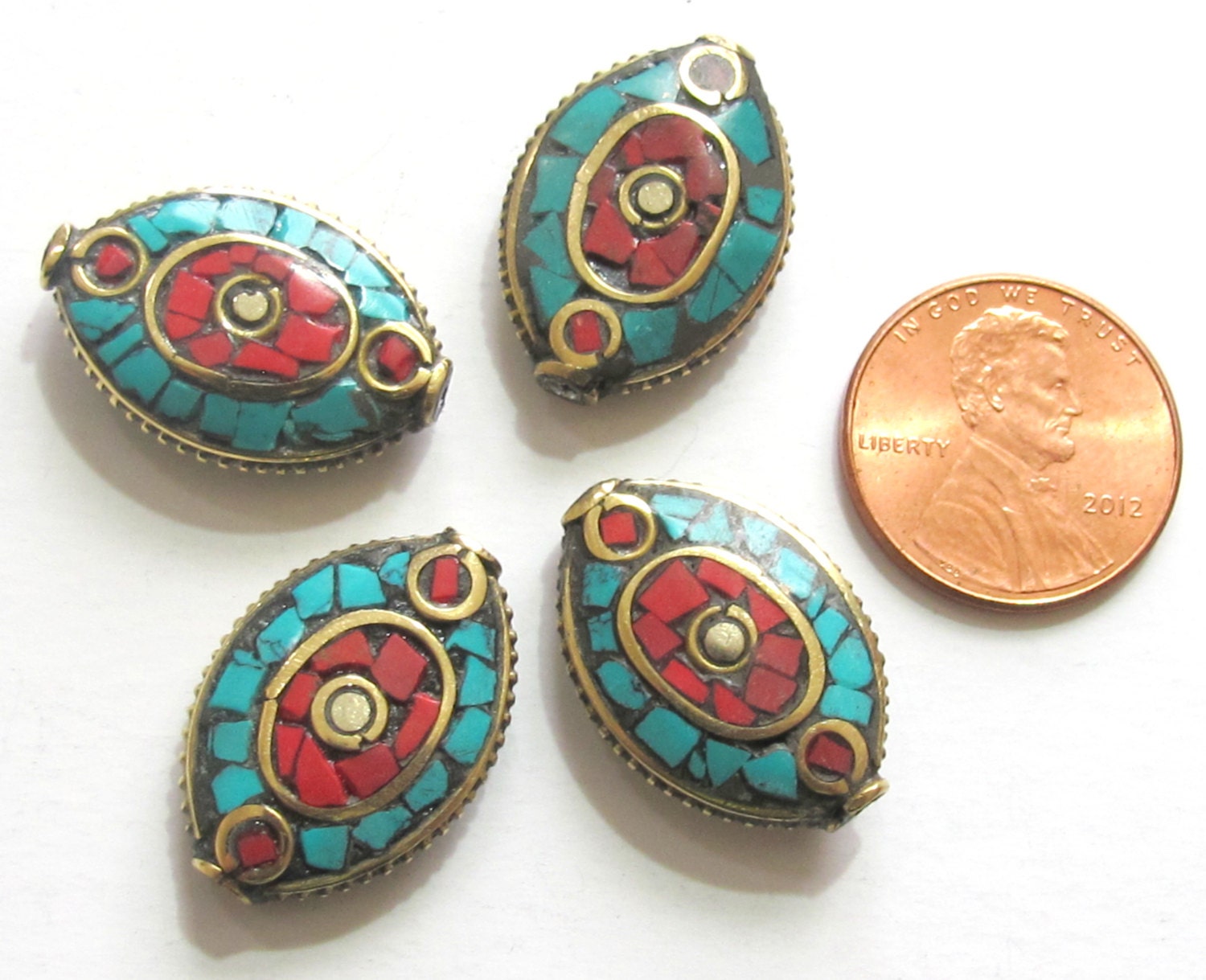 1 bead - Bicone brass beads with turquoise coral mosaic inlay chakra design - BD487A