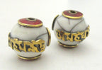 2 BEADS - Tibetan white crackle resin Om mantra bead with brass turquoise and inlay - BD489C