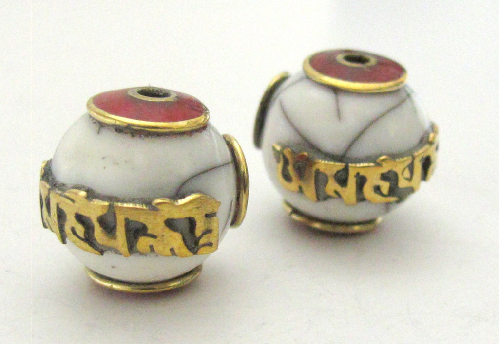 Tibetan white crackle resin Om mantra bead with brass turquoise and coral inlay - 1 bead - BD489C