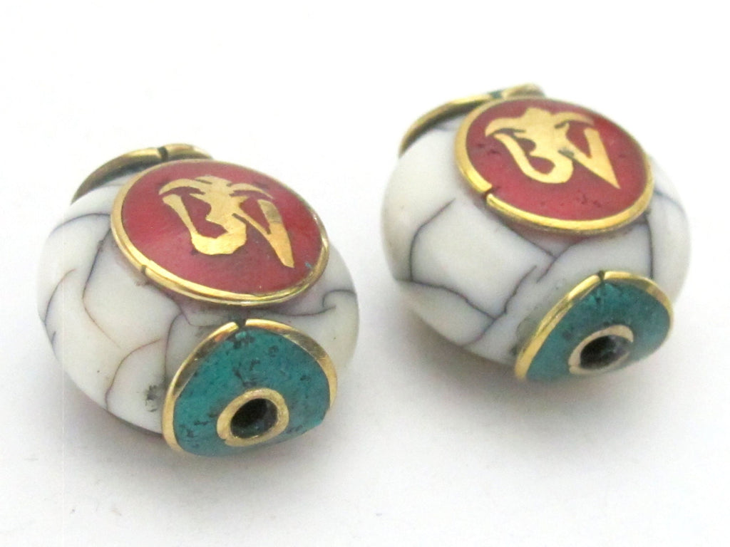 1 BEAD-White crackle resin Tibetan Om bead with brass , turquoise and coral inlay - BD488D