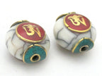 1 BEAD-White crackle resin Tibetan Om bead with brass , turquoise and coral inlay - BD488D