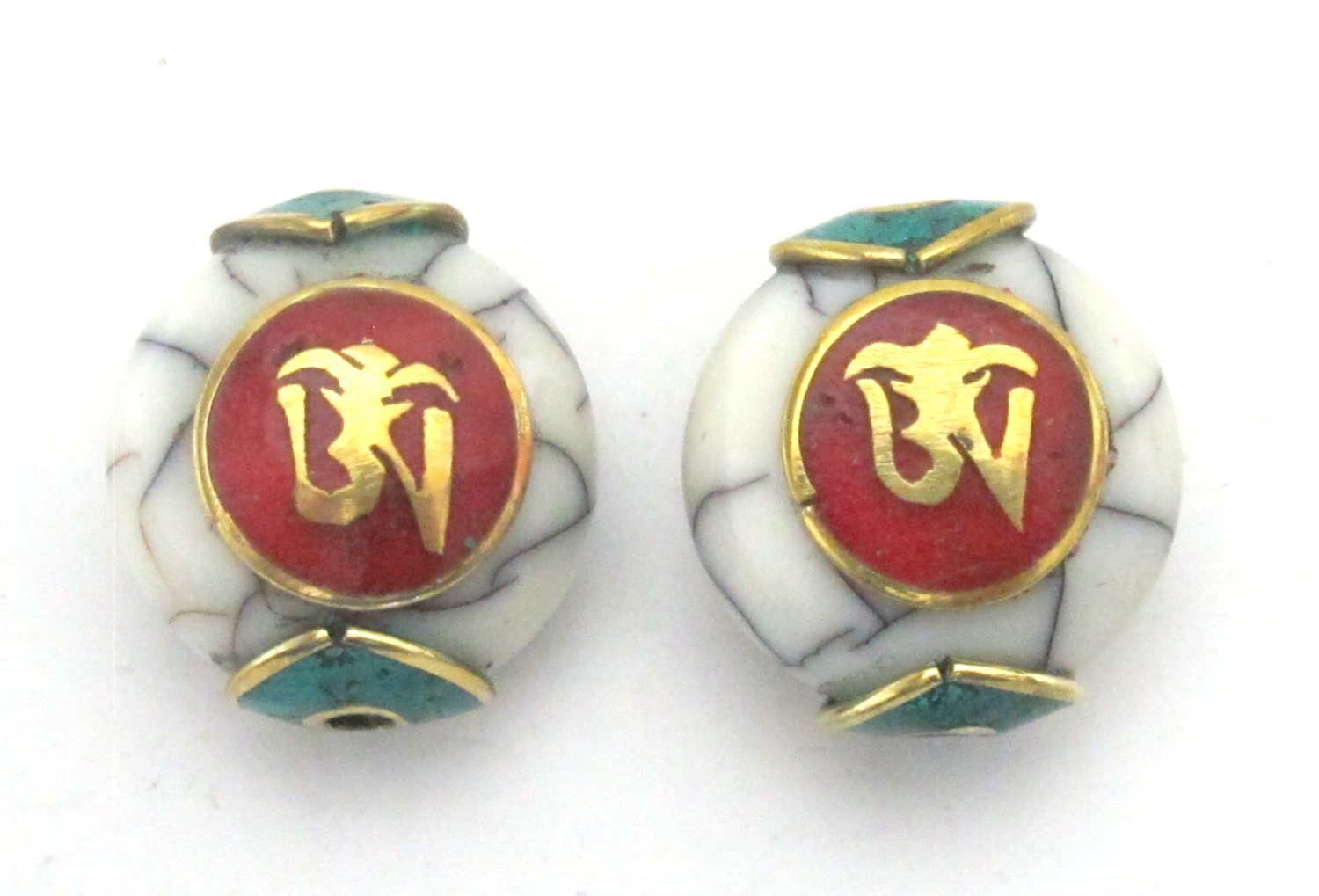 1 BEAD-White crackle resin Tibetan Om bead with brass , turquoise and coral inlay - BD488D