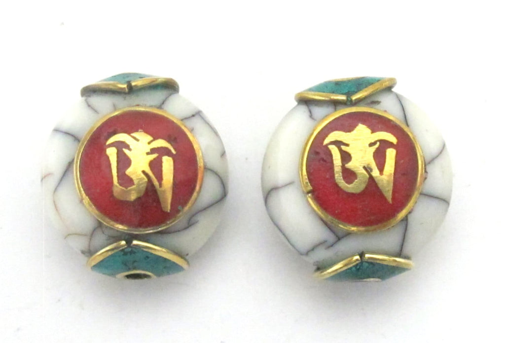 1 BEAD-White crackle resin Tibetan Om bead with brass , turquoise and coral inlay - BD488D