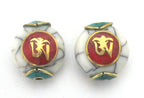 1 BEAD-White crackle resin Tibetan Om bead with brass , turquoise and coral inlay - BD488D