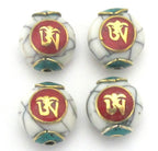 1 BEAD-White crackle resin Tibetan Om bead with brass , turquoise and coral inlay - BD488D