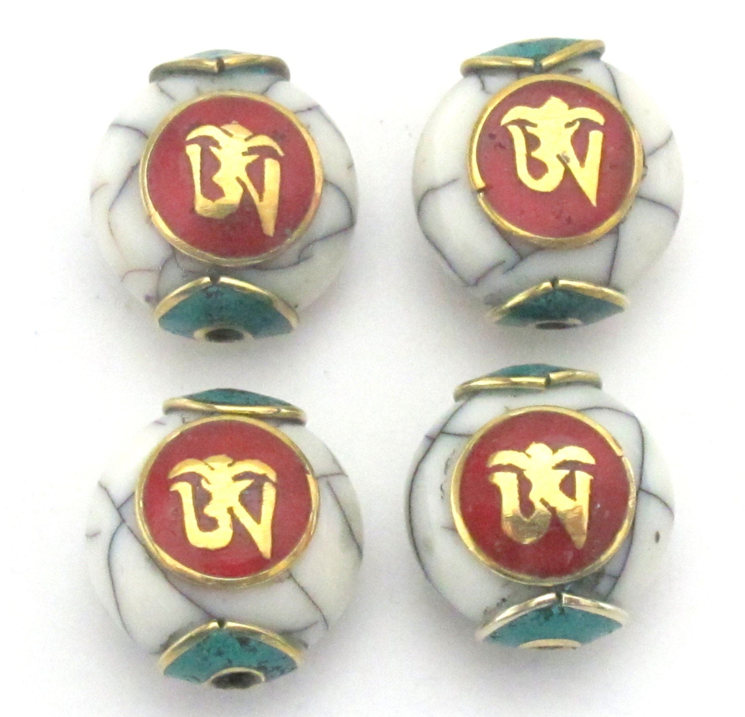 1 BEAD-White crackle resin Tibetan Om bead with brass , turquoise and coral inlay - BD488D