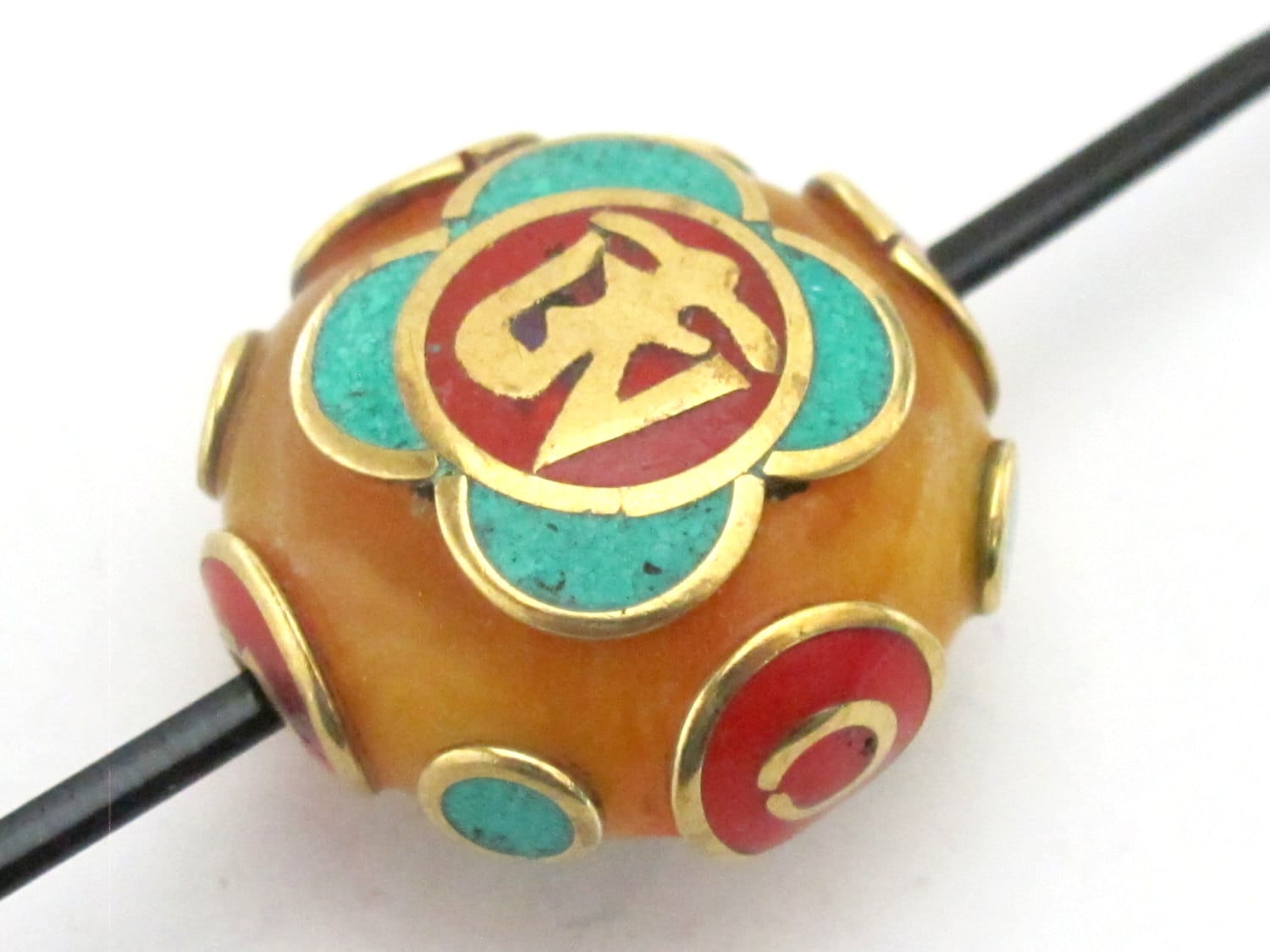 Tibetan copal resin Om bead with brass , turquoise and inlay - 1 bead - BD490A
