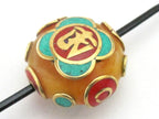 Tibetan copal resin Om bead with brass , turquoise and inlay - 1 bead - BD490A