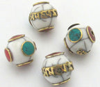 2 BEADS - Tibetan white crackle resin Om mantra bead with brass turquoise and inlay - BD489C