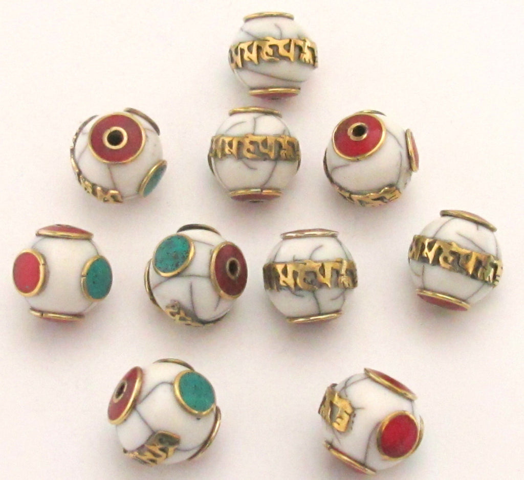 Tibetan white crackle resin Om mantra bead with brass turquoise and coral inlay - 1 bead - BD489C