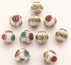 Tibetan white crackle resin Om mantra bead with brass turquoise and coral inlay - 1 bead - BD489C