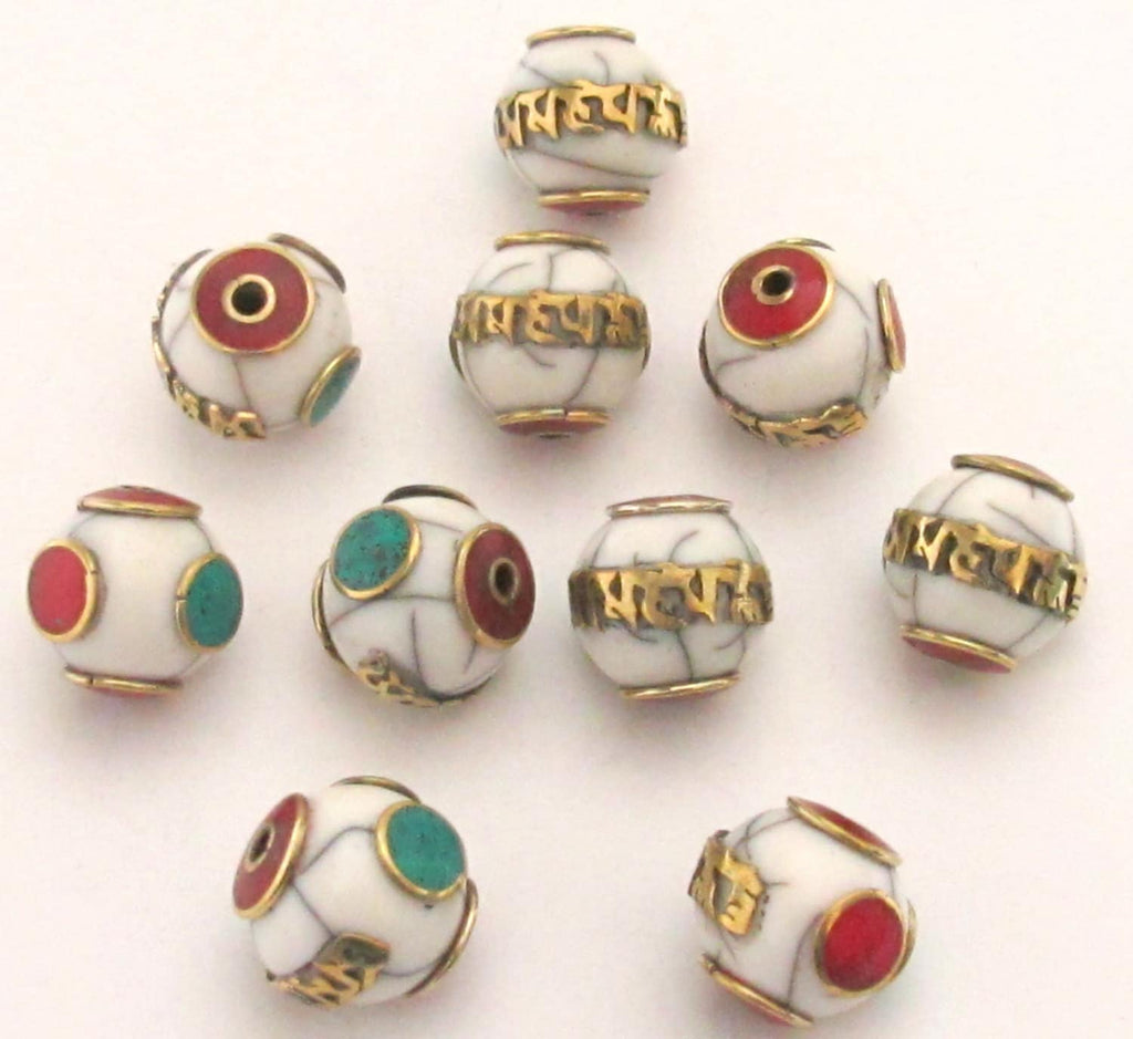 Tibetan white crackle resin Om mantra bead with brass turquoise and coral inlay - 1 bead - BD489C