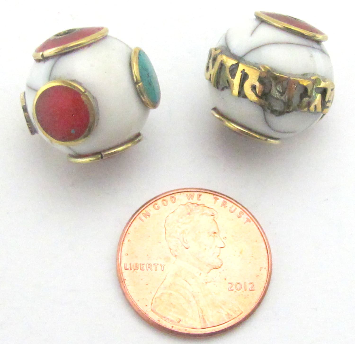 2 BEADS - Tibetan white crackle resin Om mantra bead with brass turquoise and inlay - BD489C