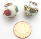 2 BEADS - Tibetan white crackle resin Om mantra bead with brass turquoise and inlay - BD489C