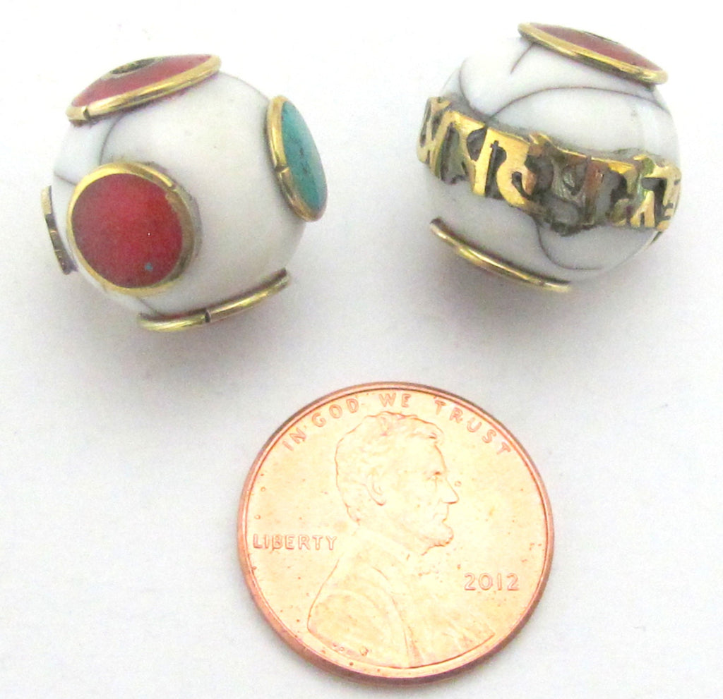 Tibetan white crackle resin Om mantra bead with brass turquoise and coral inlay - 1 bead - BD489C