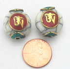 1 BEAD-White crackle resin Tibetan Om bead with brass , turquoise and coral inlay - BD488D