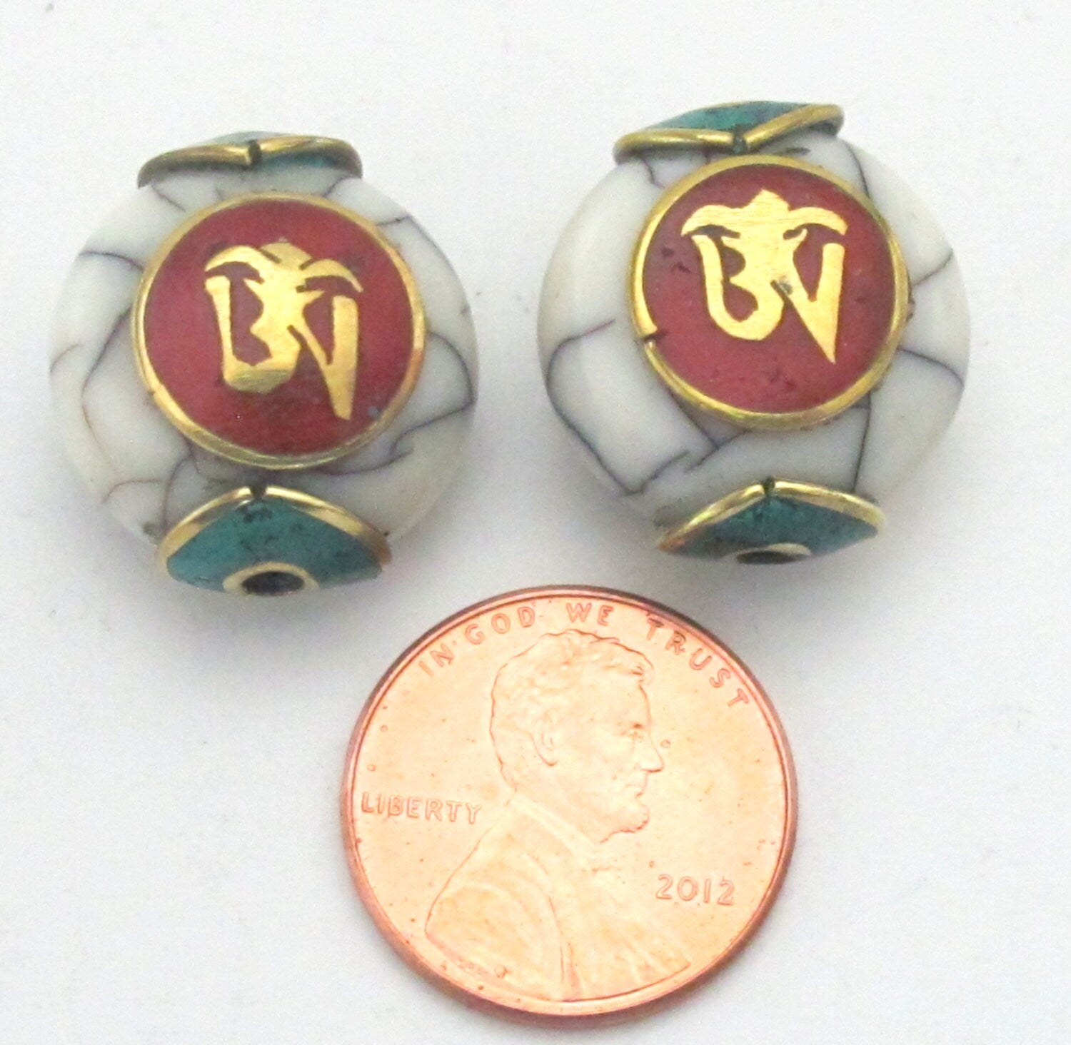 1 BEAD-White crackle resin Tibetan Om bead with brass , turquoise and coral inlay - BD488D