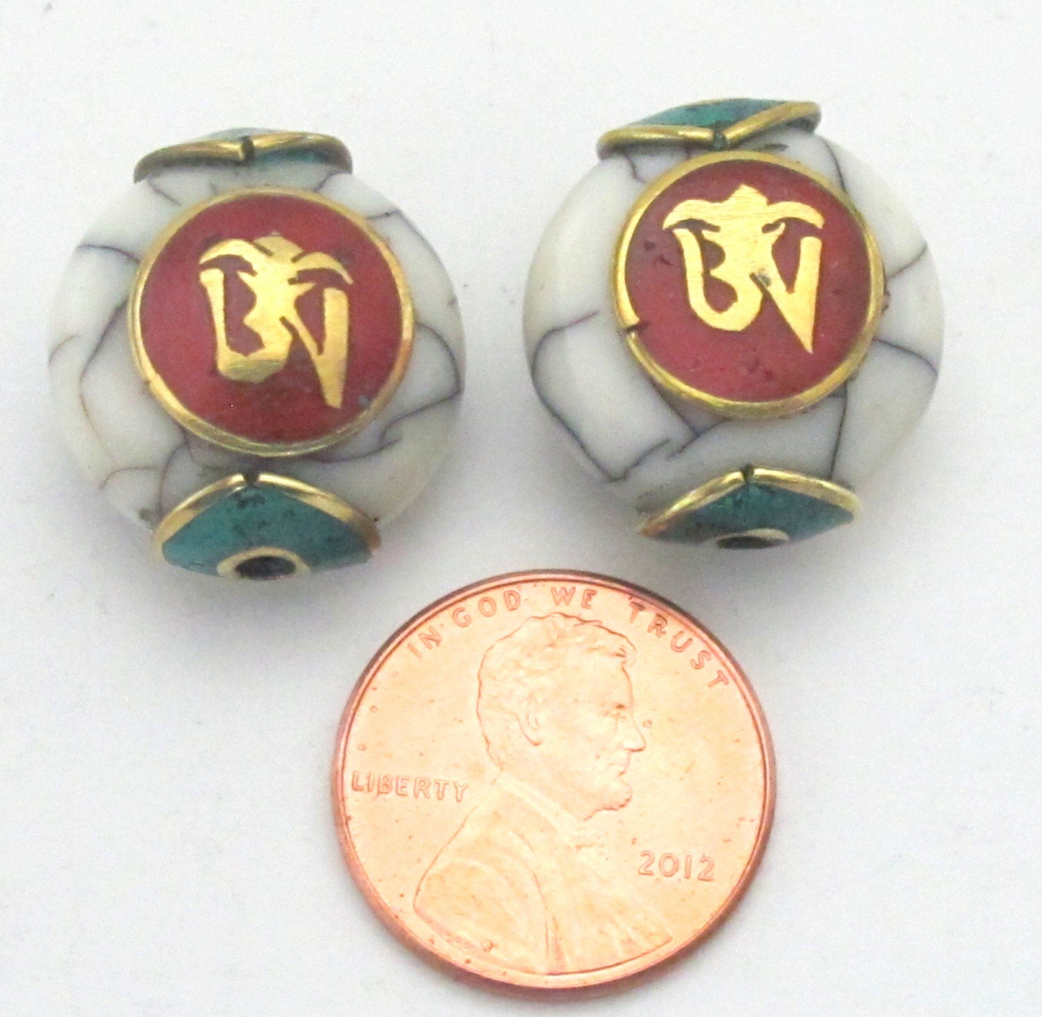 1 BEAD-White crackle resin Tibetan Om bead with brass , turquoise and coral inlay - BD488D