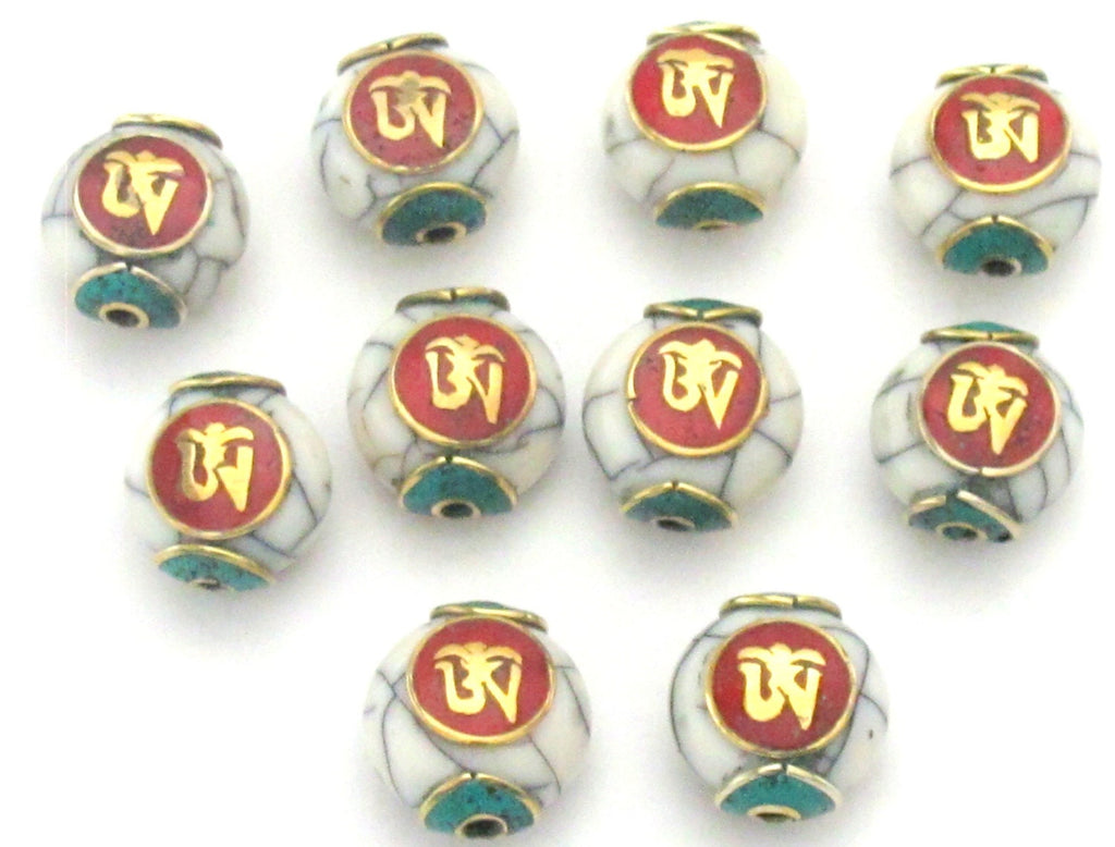 1 BEAD-White crackle resin Tibetan Om bead with brass , turquoise and coral inlay - BD488D