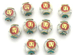 1 BEAD-White crackle resin Tibetan Om bead with brass , turquoise and coral inlay - BD488D