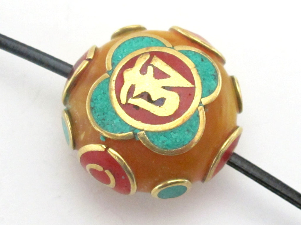 Tibetan copal resin Om bead with brass , turquoise and inlay - 1 bead - BD490A