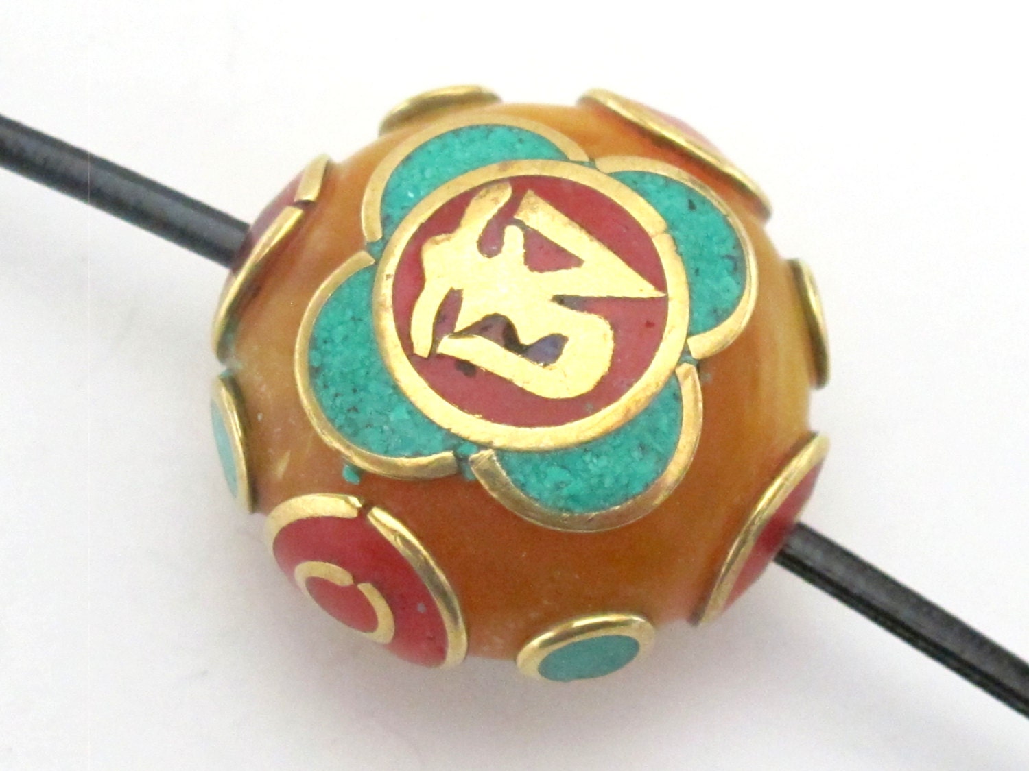 Tibetan copal resin Om bead with brass , turquoise and inlay - 1 bead - BD490A