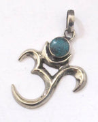 Meditation yoga Sanskrit Om pendant with turquoise inlay from Nepal - CP033B