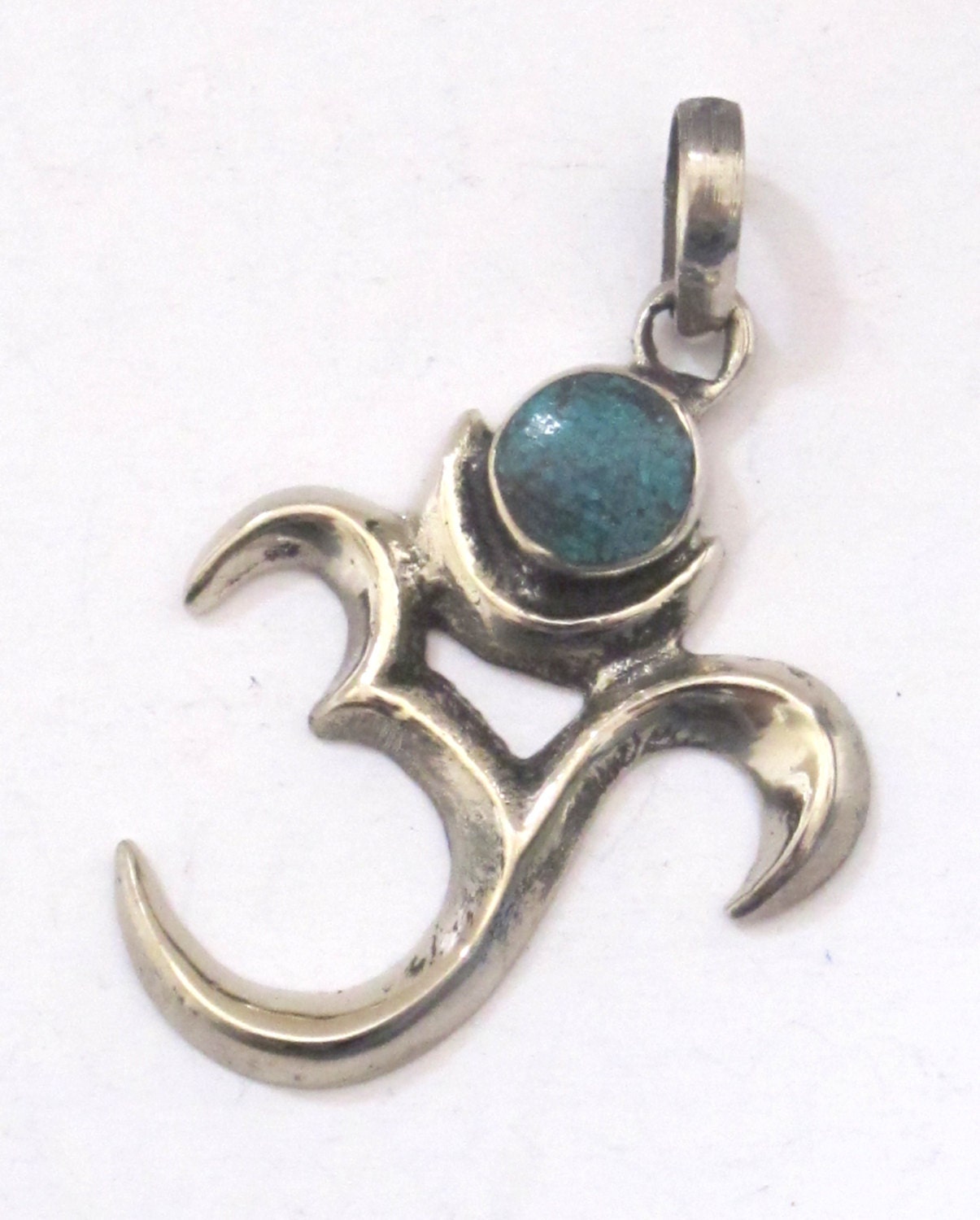 Meditation yoga Sanskrit Om pendant with turquoise inlay from Nepal - CP033B