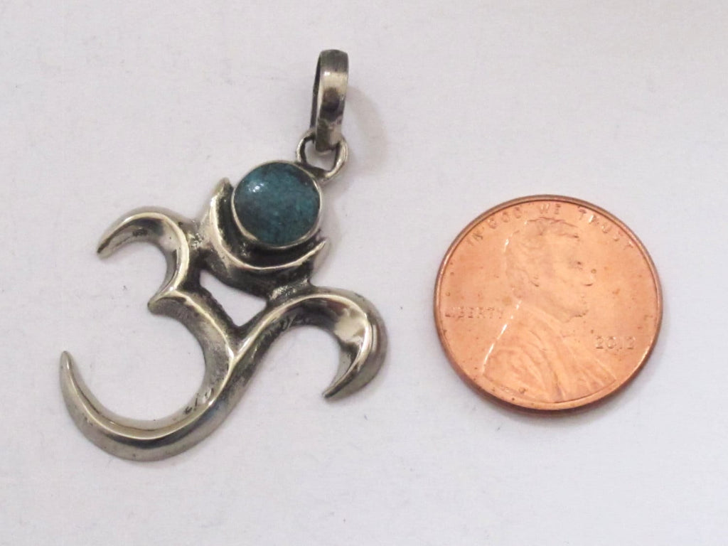 Meditation yoga Sanskrit Om pendant with turquoise inlay from Nepal - CP033B