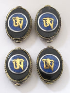 Tibetan Om inscribed reversible brass bead with lapis inlay - 1 bead - BD498B