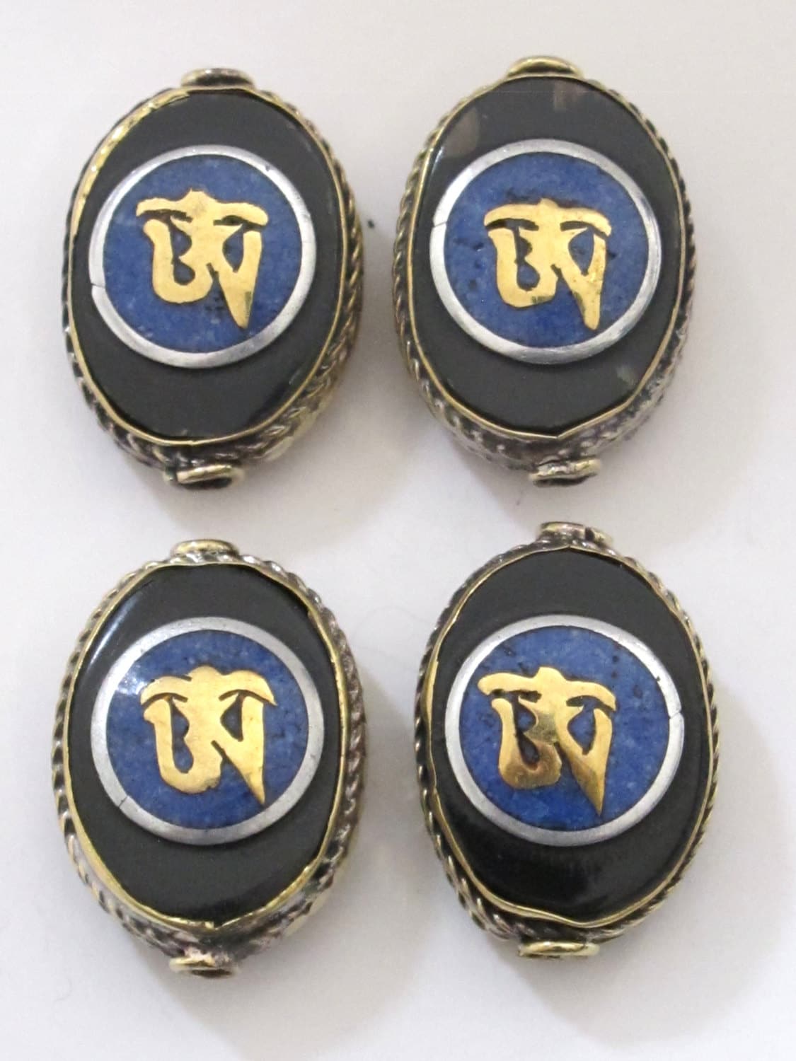 Tibetan Om inscribed reversible brass bead with lapis inlay - 1 bead - BD498B