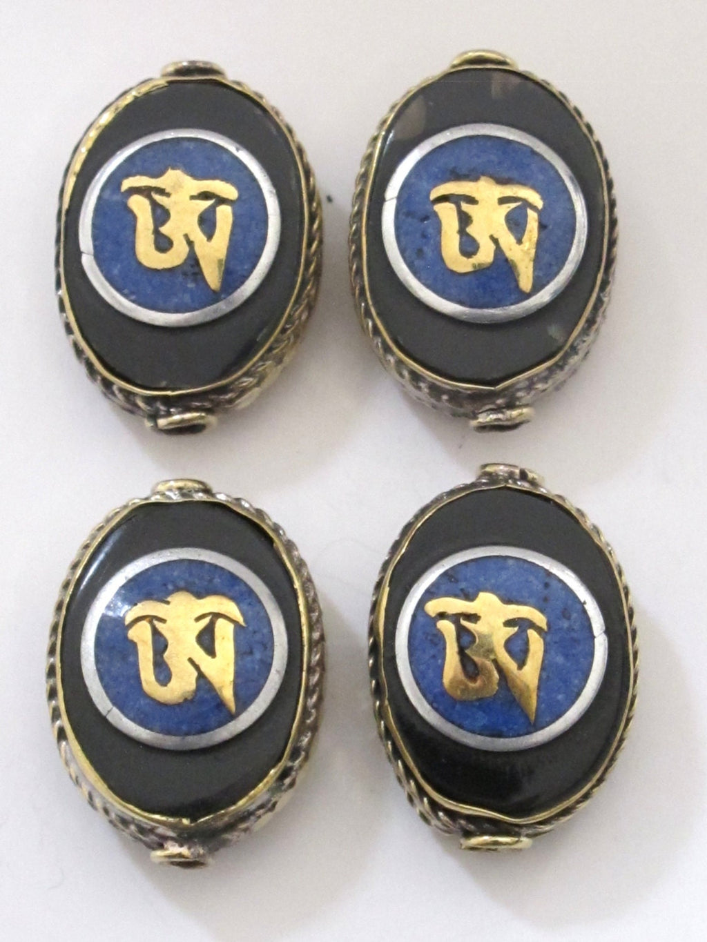 Tibetan Om inscribed reversible brass bead with lapis inlay - 1 bead - BD498B
