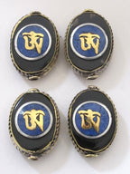 Tibetan Om inscribed reversible brass bead with lapis inlay - 1 bead - BD498B