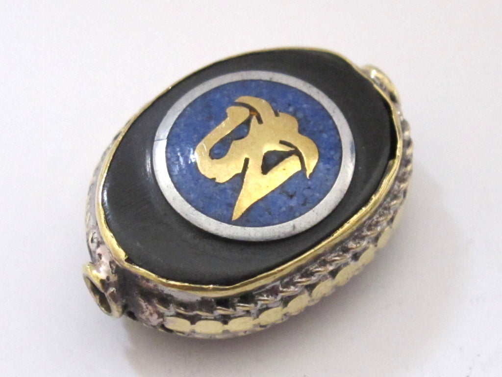 Tibetan Om inscribed reversible brass bead with lapis inlay - 1 bead - BD498B