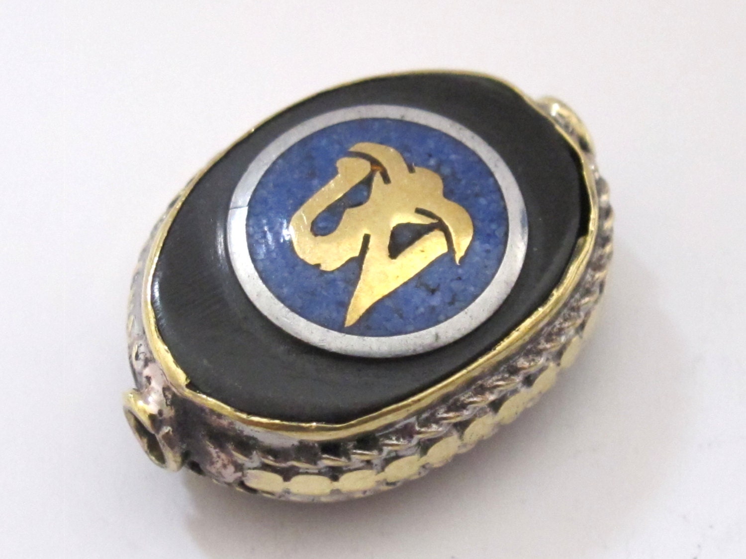 Tibetan Om inscribed reversible brass bead with lapis inlay - 1 bead - BD498B