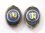 Tibetan Om inscribed reversible brass bead with lapis inlay - 1 bead - BD498B