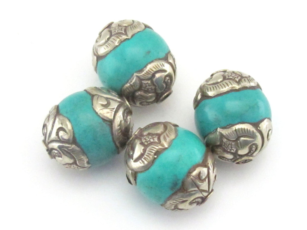 1 Bead - Thick capped Tibetan turquoise gemstone beads from Nepal - BD492A