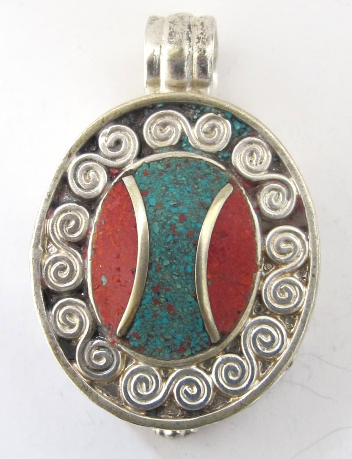 Oval shape Tibetan silver finish Ghau prayer box pendant with turquoise coral inlay and double spiral design - PM191E