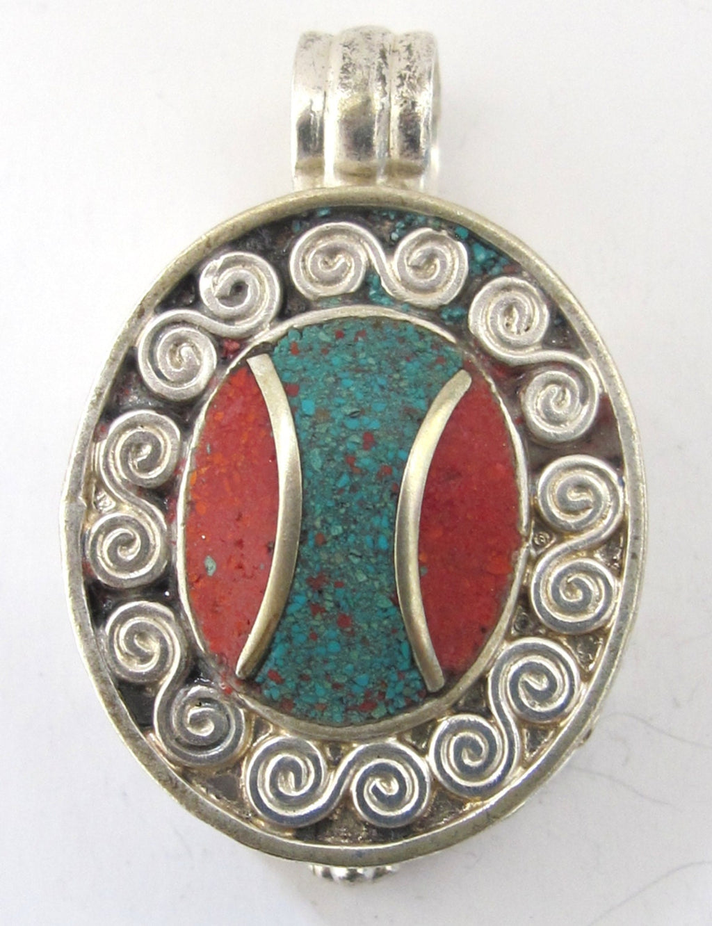 Oval shape Tibetan silver finish Ghau prayer box pendant with turquoise coral inlay and double spiral design - PM191E